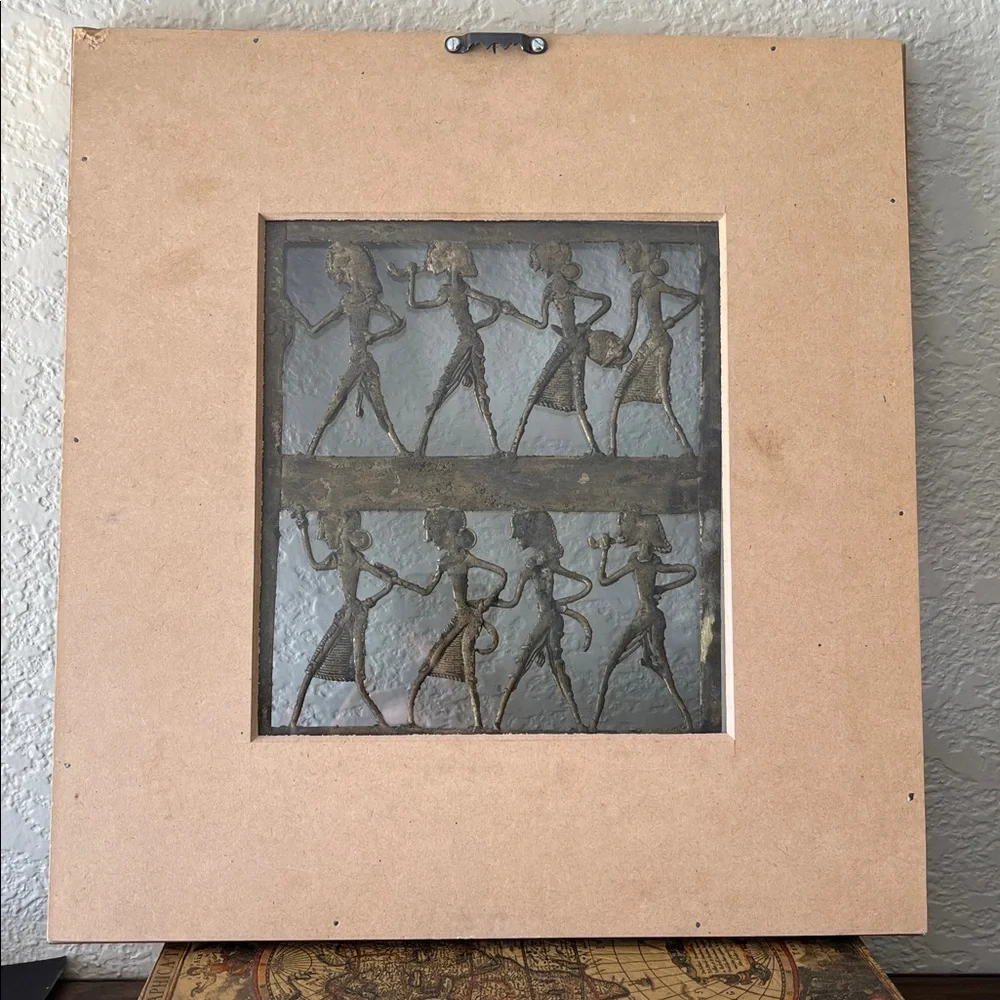 Vintage Dhokra Brass Tribal Wall Art Framed Indian Folk Dancing Figures 13”